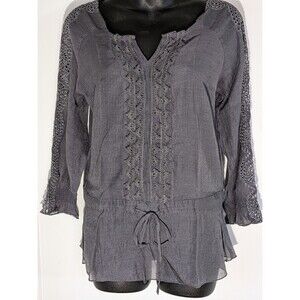 Pinky Blouse Sheer Gray with Eyelet & Lace 3/4 Sleeve